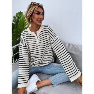 Striped oversized Button Front Sweater cream black minimalist preppy